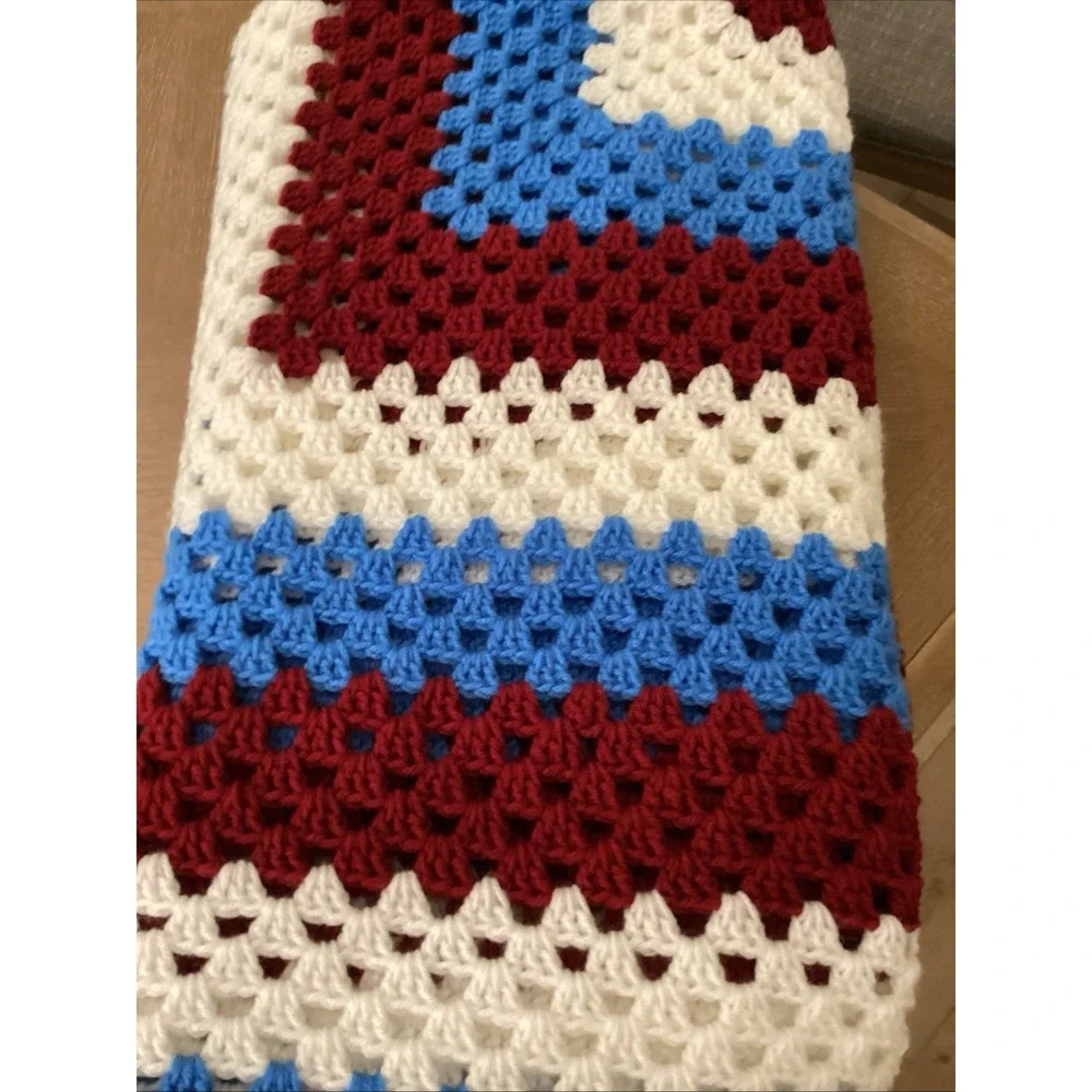 Handmade Afghan Crocheted Red White and Blue Patriotic Throw 56
